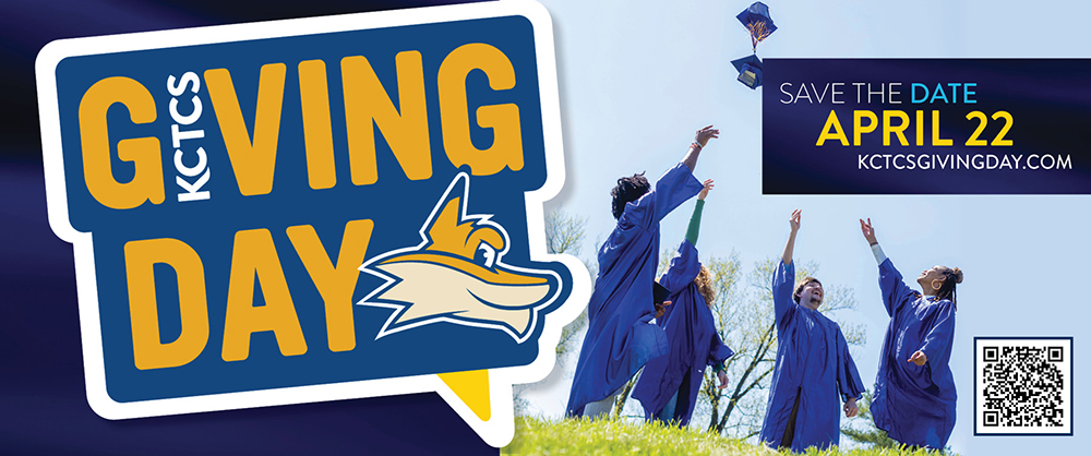Giving Day logo with graduates throwing up their caps in the air and words save the date April 22