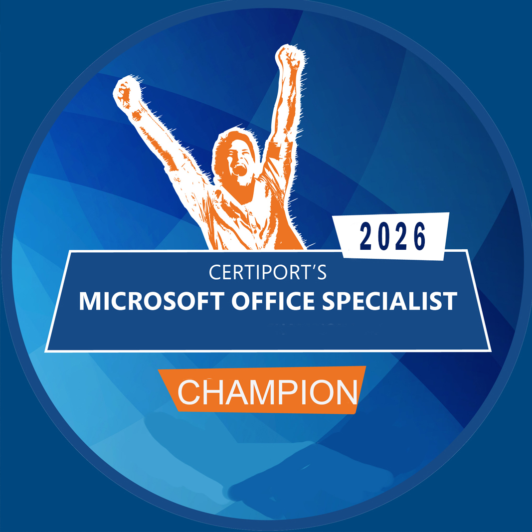 Artist rendering of man with arms upward with words Microsoft Office Specialist Championship