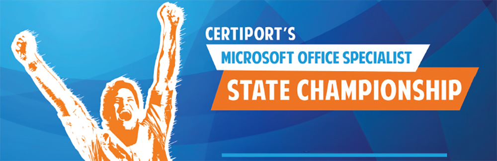 Artist rendering of man with arms raised and words Microsoft Office Specialsit State Championship