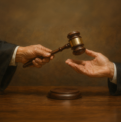 Two hands passing a gavel between them