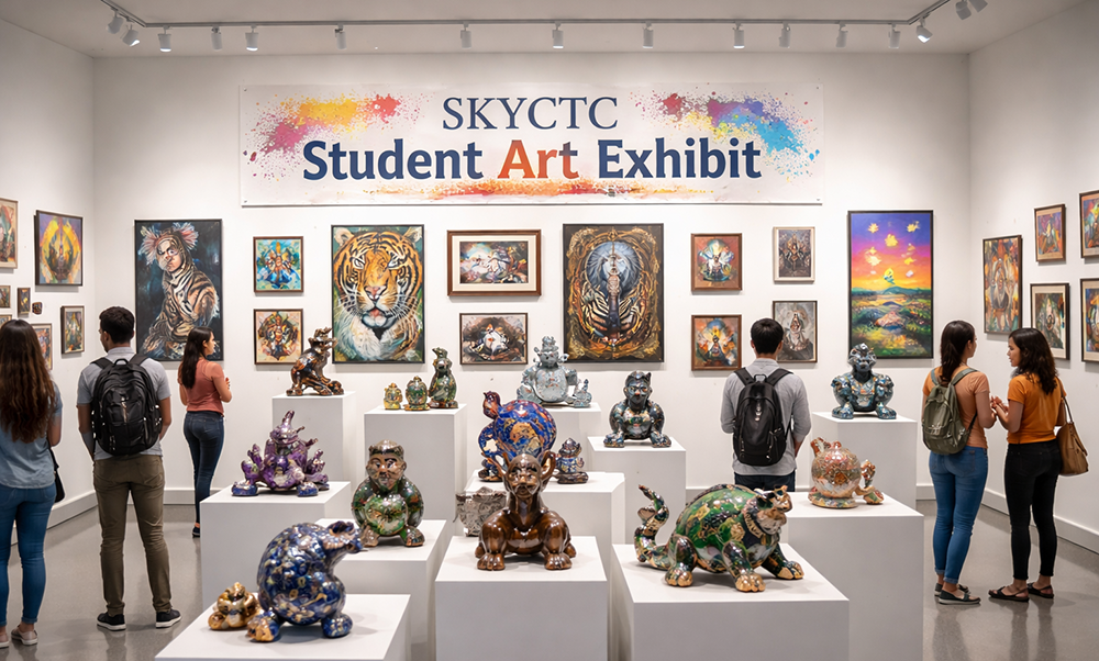 Students looking at art in a gallery