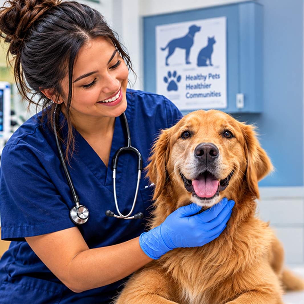 A female Veterinary Assistant petting a dog in the Vet office.