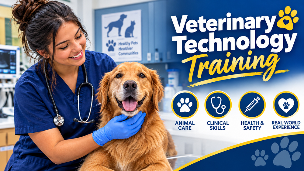 Female veterinary technician petting a dog in a vet clinic with words Vetrinary Technology Training