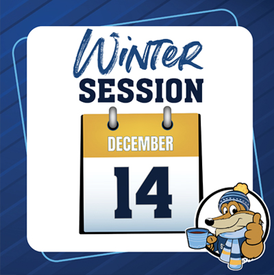 image with the words Winter Term and and the college mascot Pathfinder with a scarf.