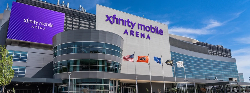Outside view of Xfinity Mobile Arena in Philadelphia, Pennsylvania.