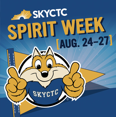 Image of SKYCTC mascot Pathfinder with fingers pointed up and word Spirit Week August 24 to 27