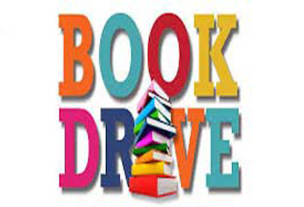 Words Book Drive with stack of books in front