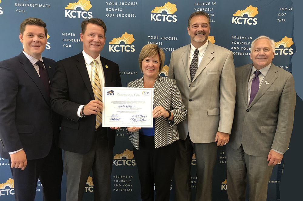 From left: AFP President/CEO Mike Geiger, KCTCS Vice President Benjamin Mohler, Southcentral Kentucky Community and Technical College (SKYCTC) President Dr. Phillip Neal,  Vice President of Resource Development Heather Rogers, (KCTCS) and KCTCS President Jay K. Box recently signed the Association of Fundraising Professionals (AFP) Code of Ethics pledge. 