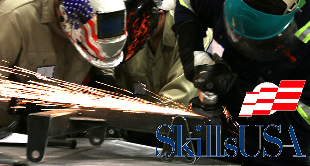 Person welding with Skills uSA logo on photo