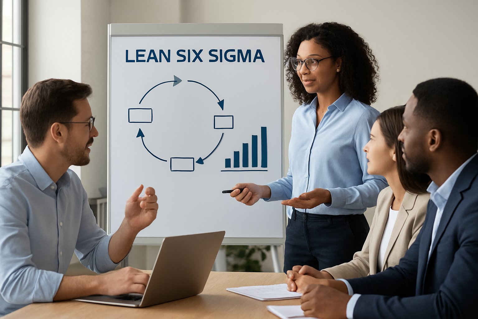 Team meeting discussing Lean Six Sigma process improvement in an office.
